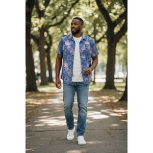 All in Motion Mens XL Blue Pink Tropical Palm Print Short Sleeve Button Down